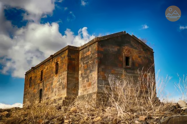 Front view of the ruins of a 5th century Armenian church of Saint Paul and Peter in Aparan, Armenia