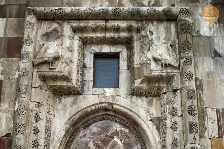 Carvings above the entrance to Gandzasar monastery in Artsakh